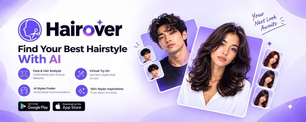 HairOver cover: Find Your Best Hairstyle With AI, showing face and hair analysis, virtual try-on, AI style finder and 100+ style inspirations