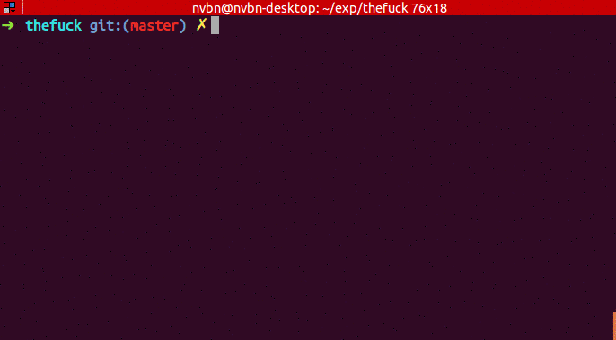 Terminal demo of thefuck correcting puthon to python, git branhc to git branch, and adding sudo to apt-get