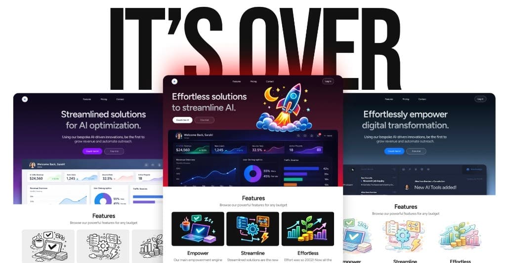 Three nearly identical dark-mode SaaS landing pages with AI buzzword headlines and the words IT'S OVER behind them
