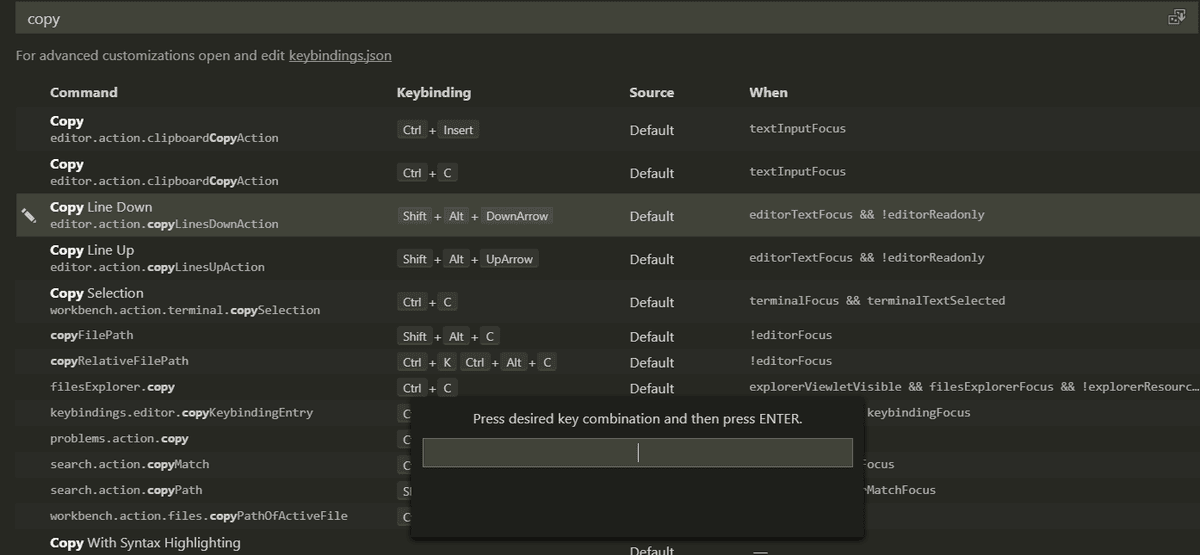 VS Code keyboard shortcuts UI showing Copy Line Down
